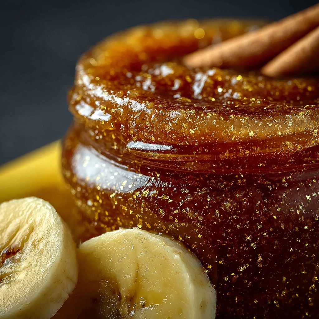 Une confiture de singe ivre (Drunk Monkey Banana Jam) est présentée sur une table avec des bananes et des épices.