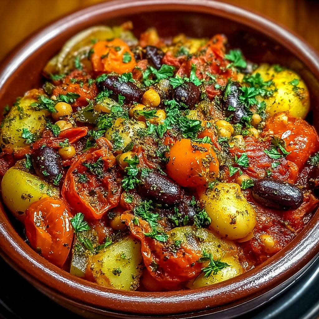 Un Tajine de Légumes Mijoté est un plat de légumes mijotés dans une casserole en terre.