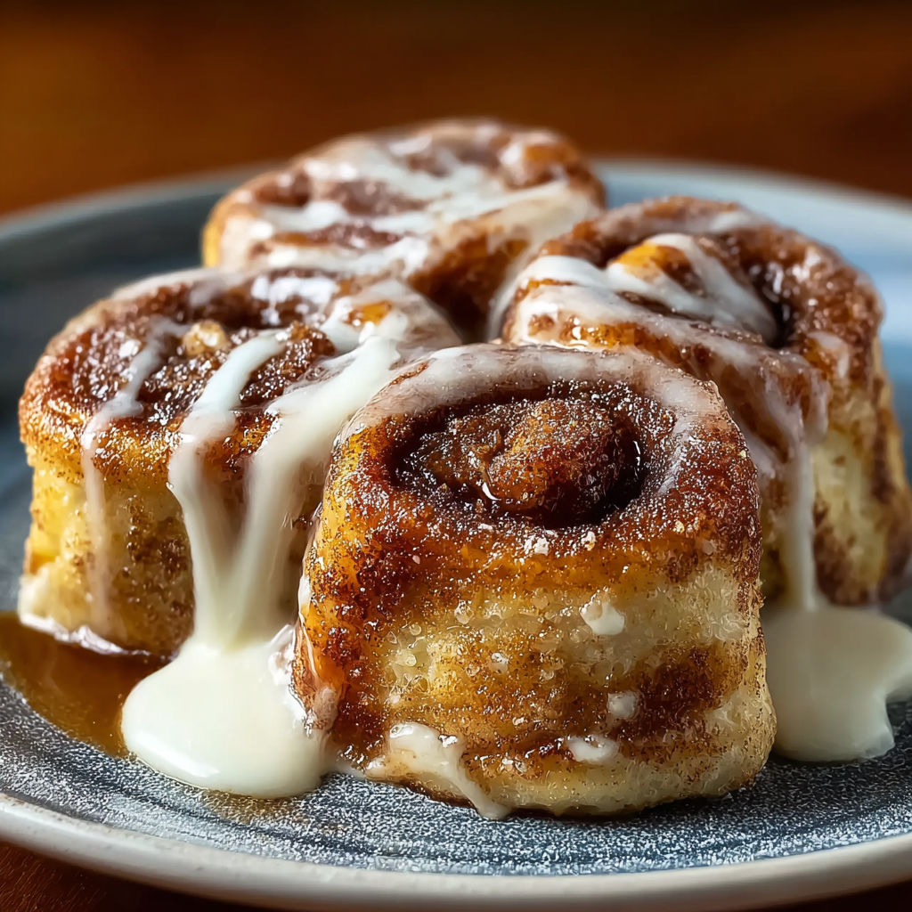 Des roulés façon cinnamon roll en pain perdu, délicieux et sucrés, sont présentés sur un plateau.