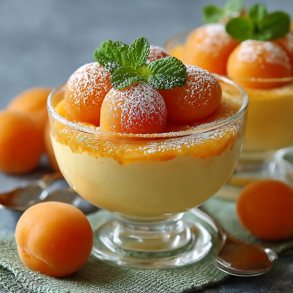 Une assiette de mousse d'abricots facile et légère est servie sur un plateau avec des abricots et des herbes fraîches.
