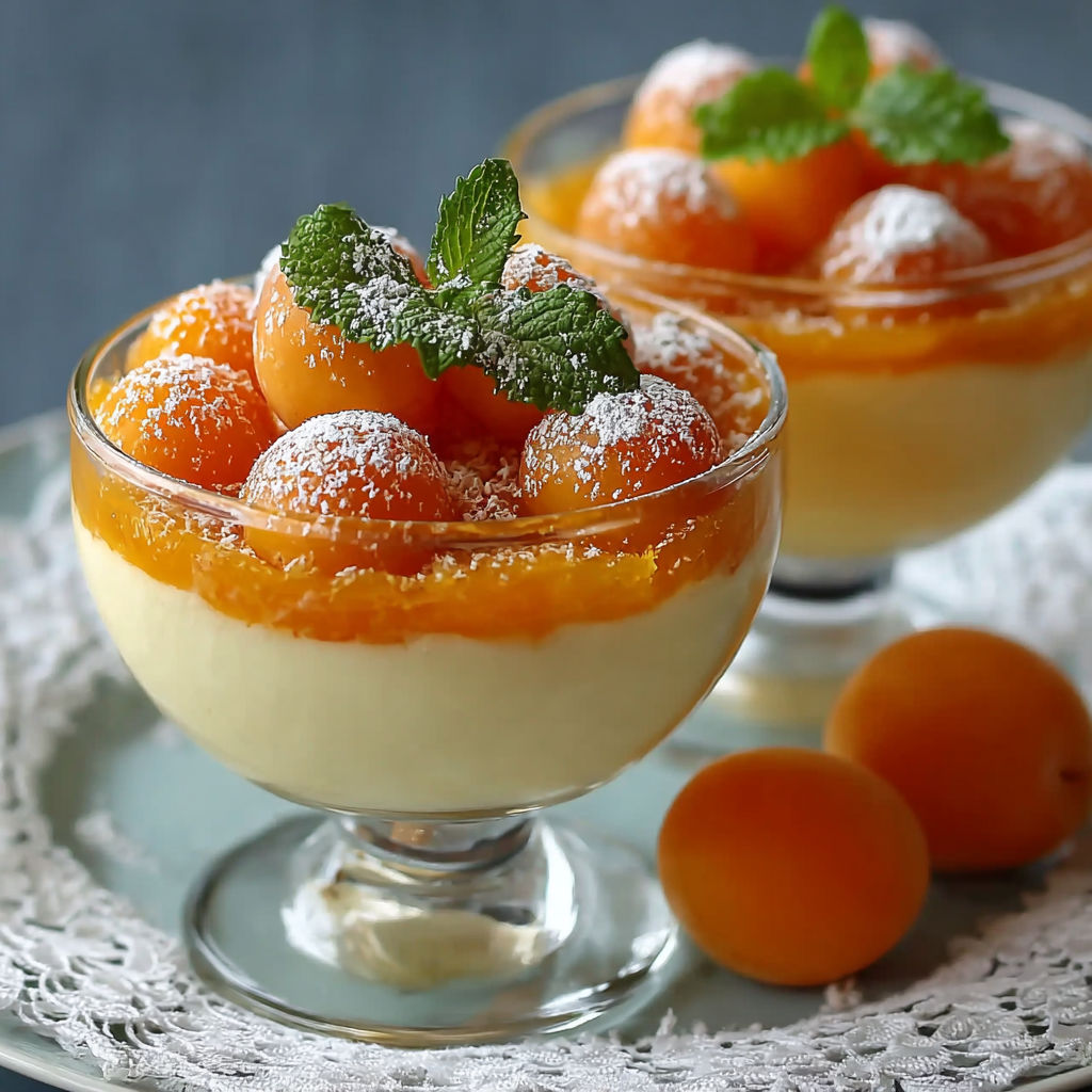 Une tarte aux fruits et crème, garnie de menthe et de miel, est servie dans un verre transparent.