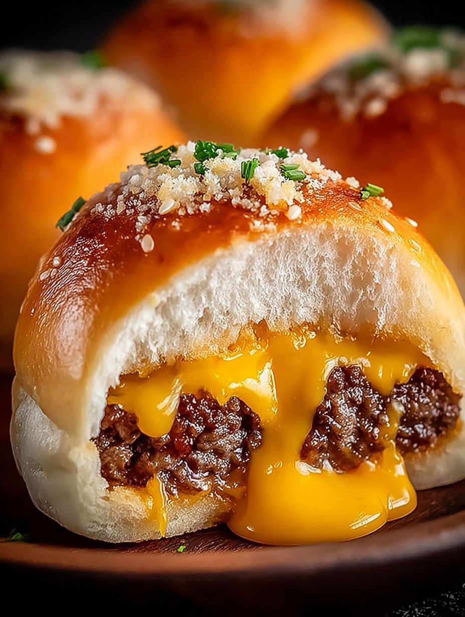 Une boule de pâte farcie de viande et de fromage, avec une sauce jaune et des herbes vertes sur le dessus.