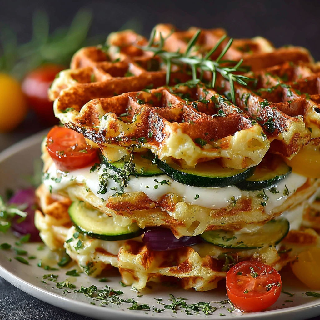 Une gaufre légumes fondante est servie sur un plateau avec des légumes tels que des tomates, des cucumbers et des zucchini.