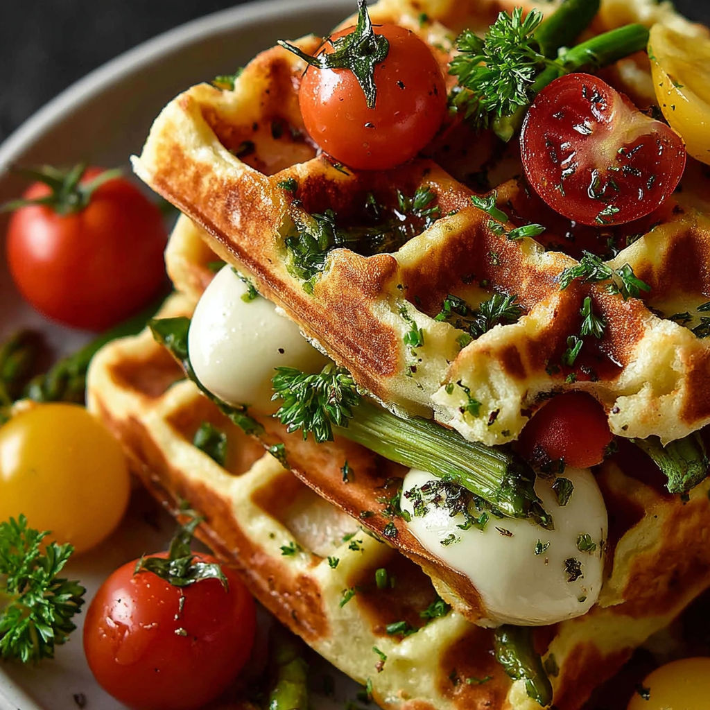 Une pile de waffles avec des tomates, des asperges et des oignons.
