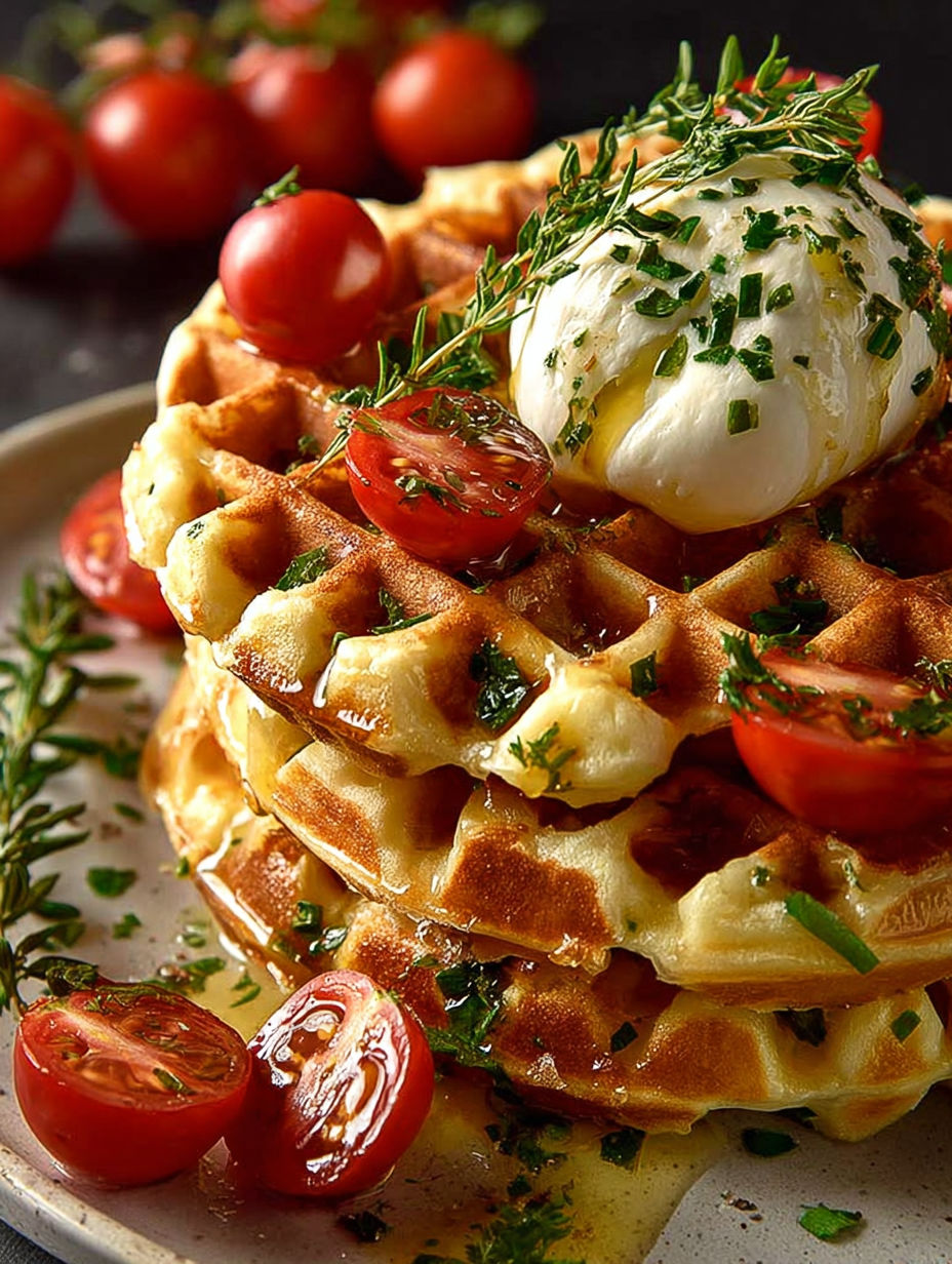 Une pile de waffles au fromage et tomates, accompagnée de herbes fraîches.