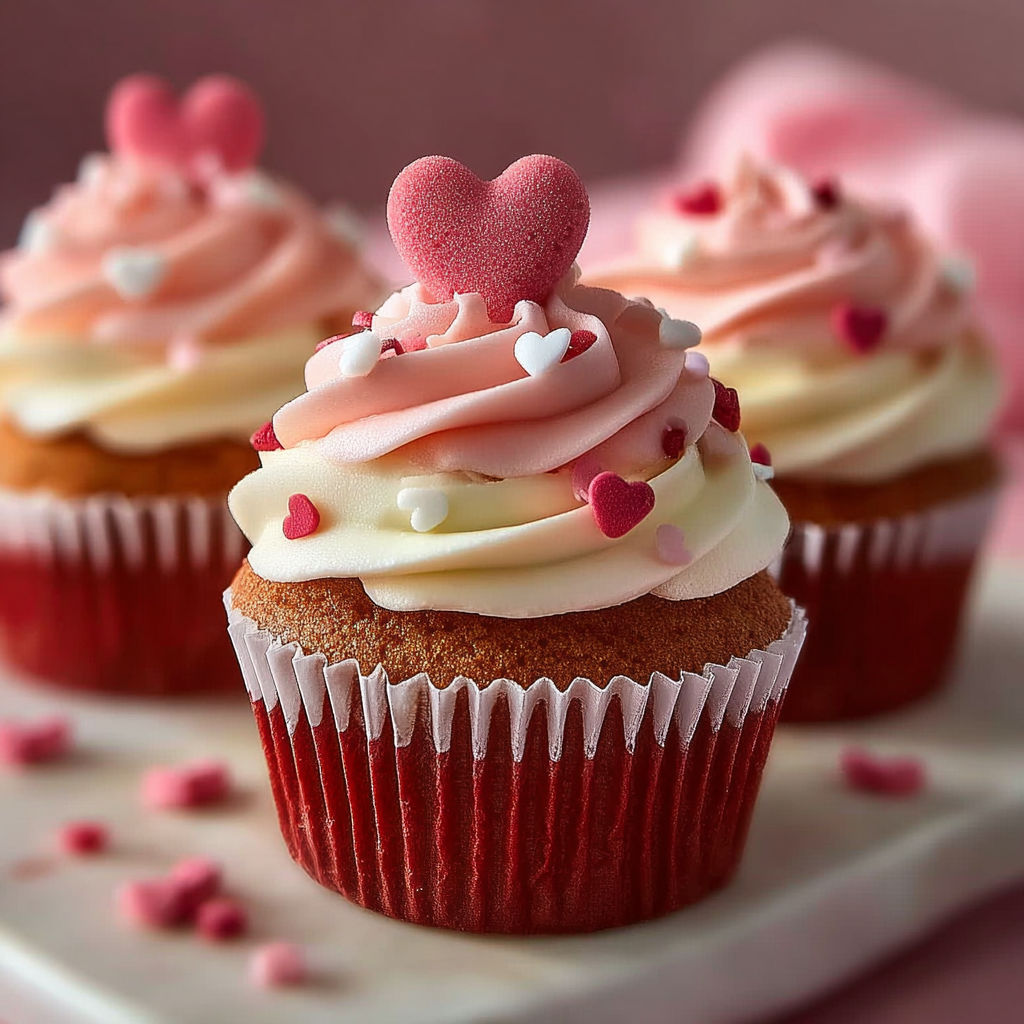 Petits Gâteaux Festifs Amoureux, une délicieuse création de gâteaux rouges avec des cœurs de chocolat sur un plateau.