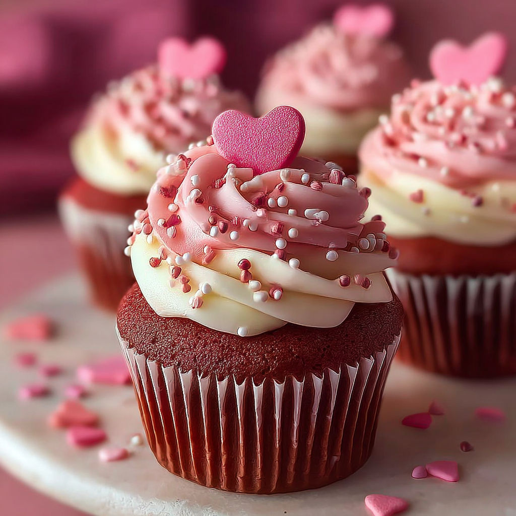 Deserts garnished with hearts and pink sprinkles.