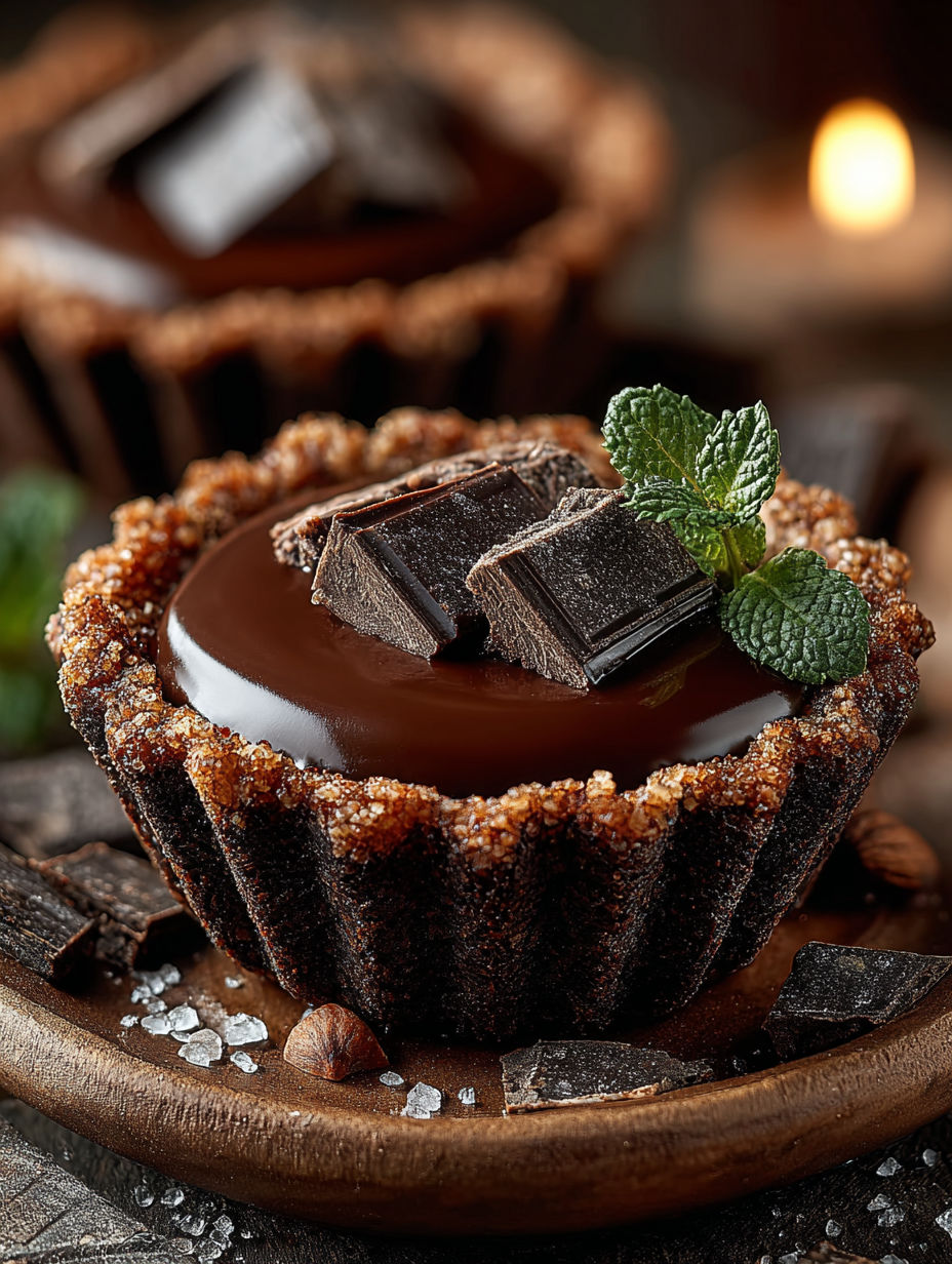 Une tarte au chocolat avec des morceaux de chocolat sur le dessert.