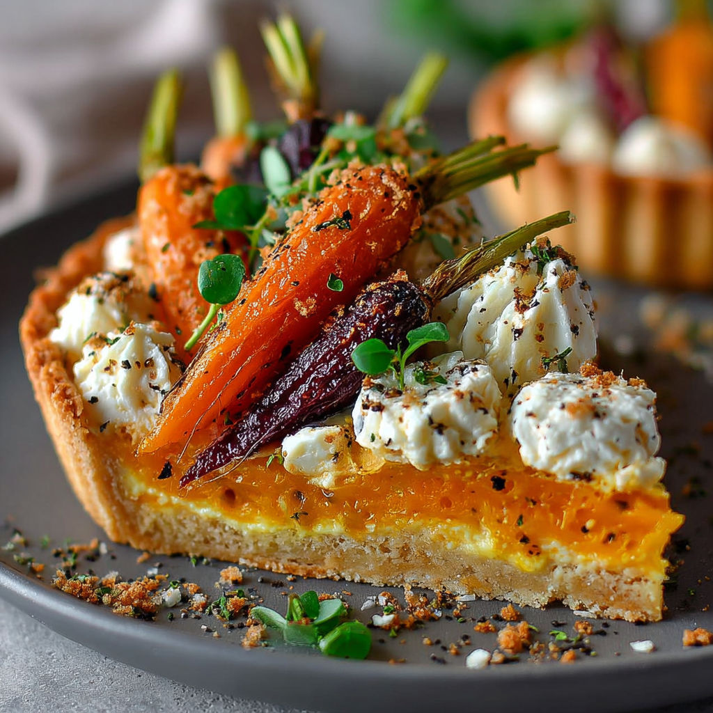 Une tarte aux carottes et fromage, avec des herbes et des noix de cajou, est servie sur un plateau.