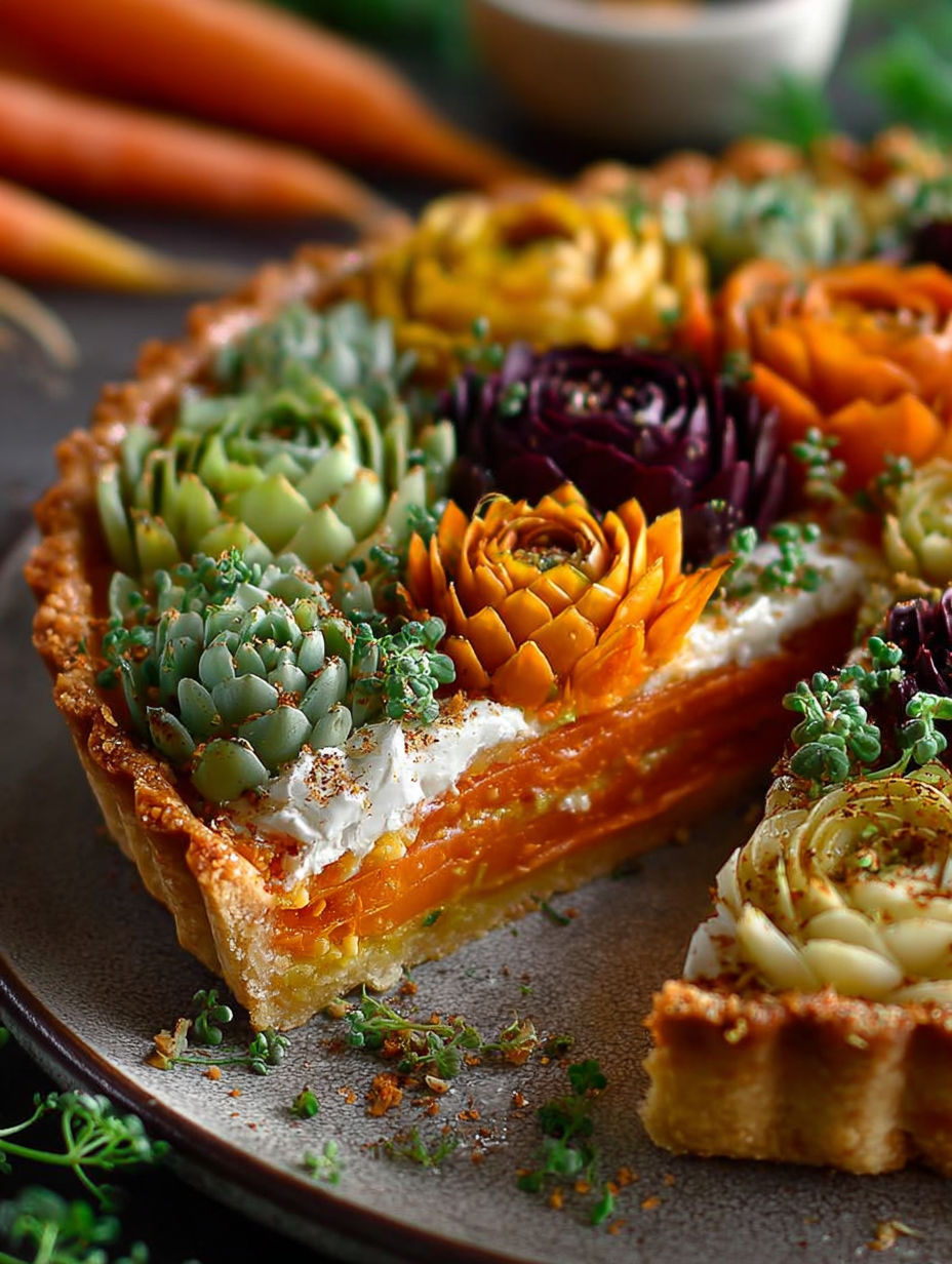 Une tarte aux fruits et légumes colorés, avec des carottes, des courgettes et des épinards, est servie sur un plateau.