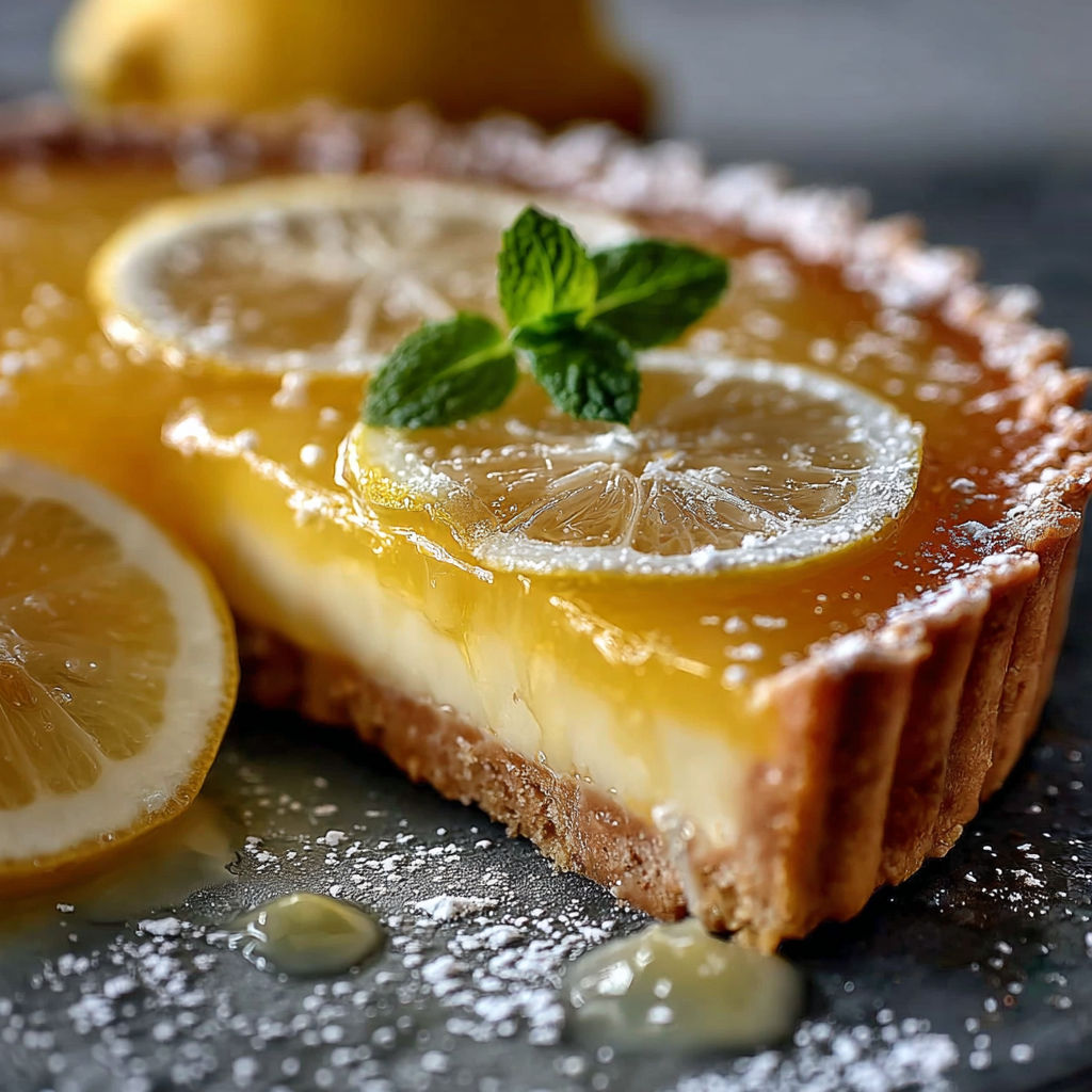 Une tarte gourmande citron est servie sur un plateau avec une cuillère en dessous.