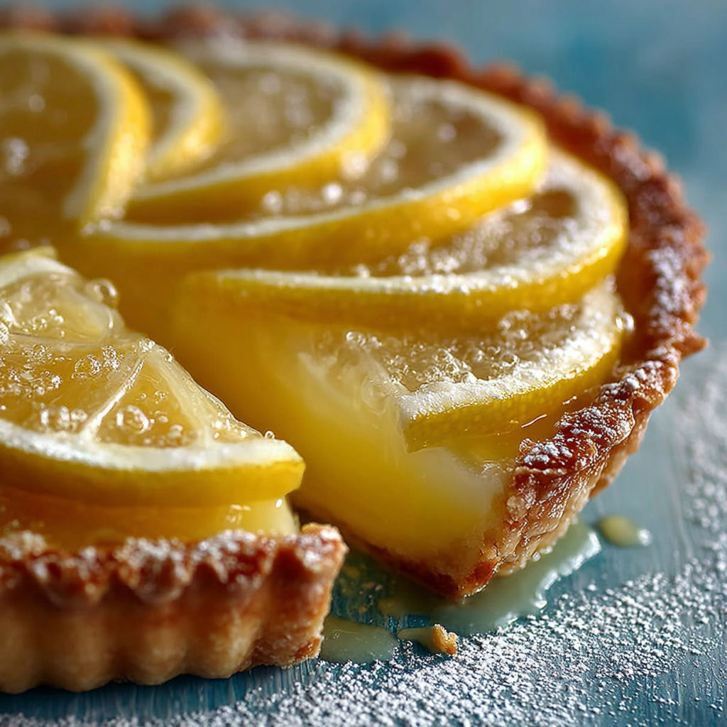 Une tarte aux citrons, avec des morceaux de citron et une pâte sucrée, est servie sur une plaque de verre.