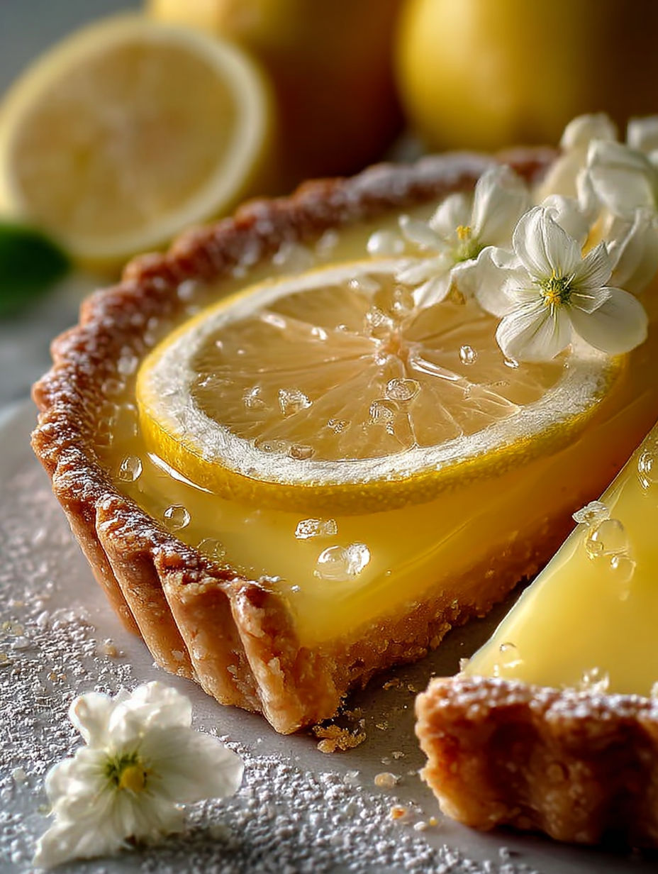 Une tarte aux citrons avec des fleurs de cerisier.