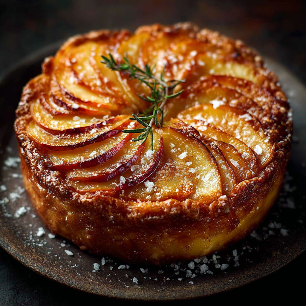 Une tarte aux pommes et aux épinards, garnie de fleurs de thym, est servie sur un plateau.