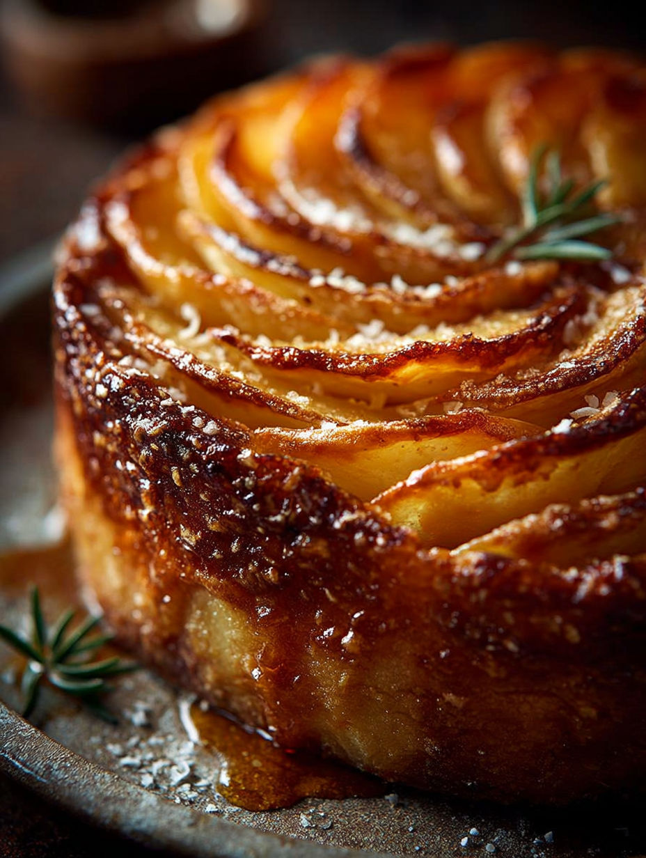 Une tarte aux pommes caramélisée avec une sauce au beurre et aux herbes.