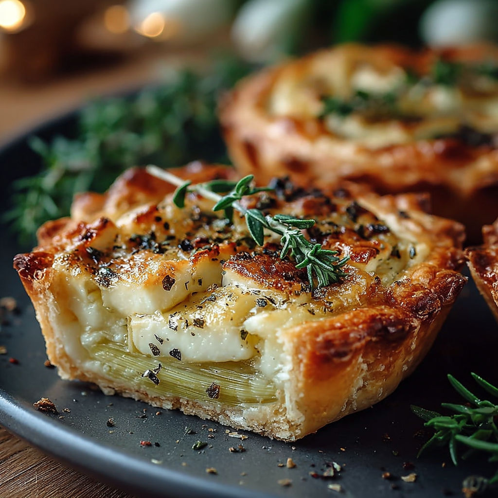 Une tarte aux pommes et herbes, avec des herbes fraîches sur le dessus, est servie sur un plateau.