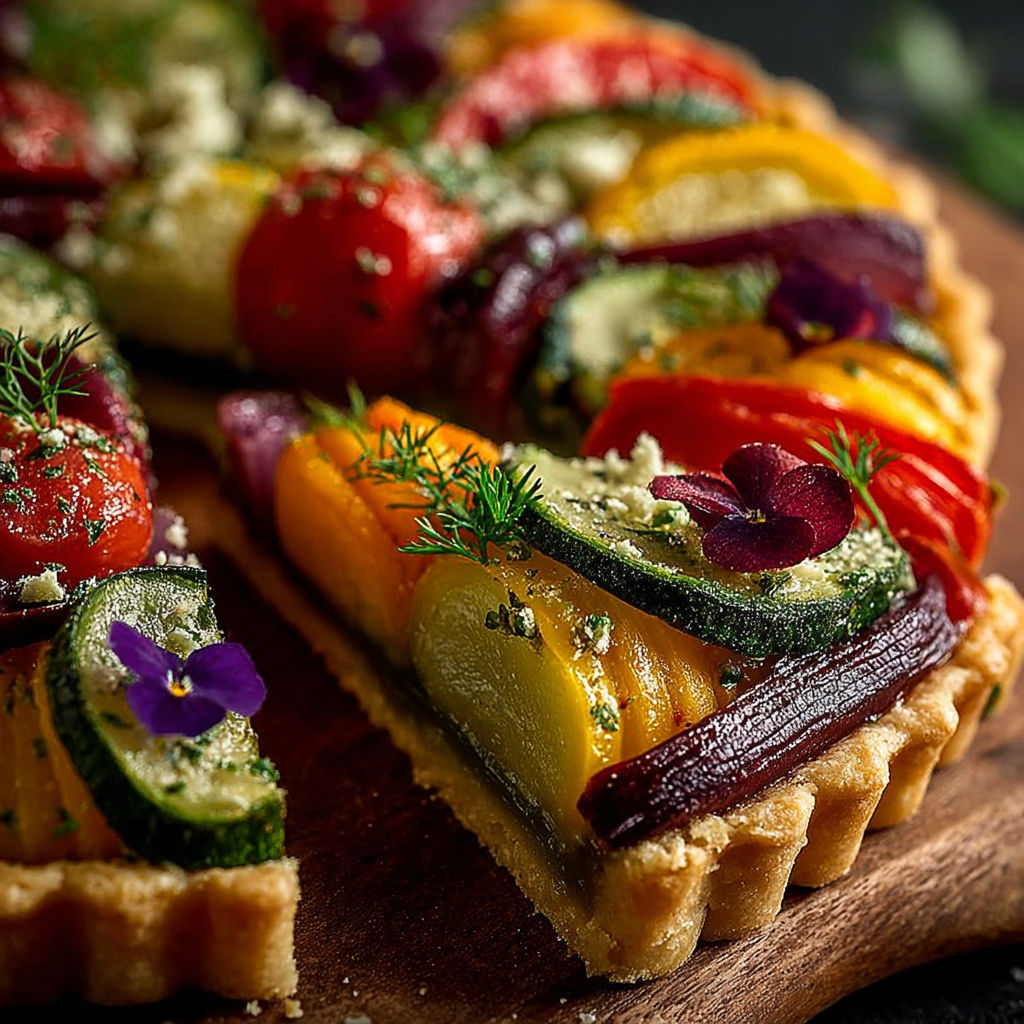 Une tarte gourmande légumes frais, avec des légumes tels que des courgettes, des poivrons et des tomates, est servie sur un plateau.