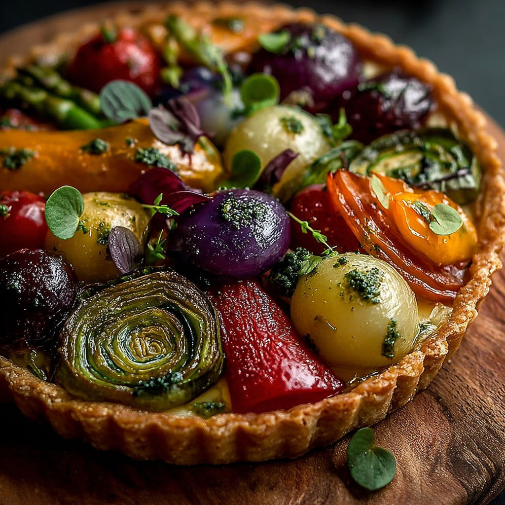 Une tarte aux légumes colorés, avec des légumes tels que des tomates, des poivrons, des courgettes et des asperges, est servie sur un plateau.