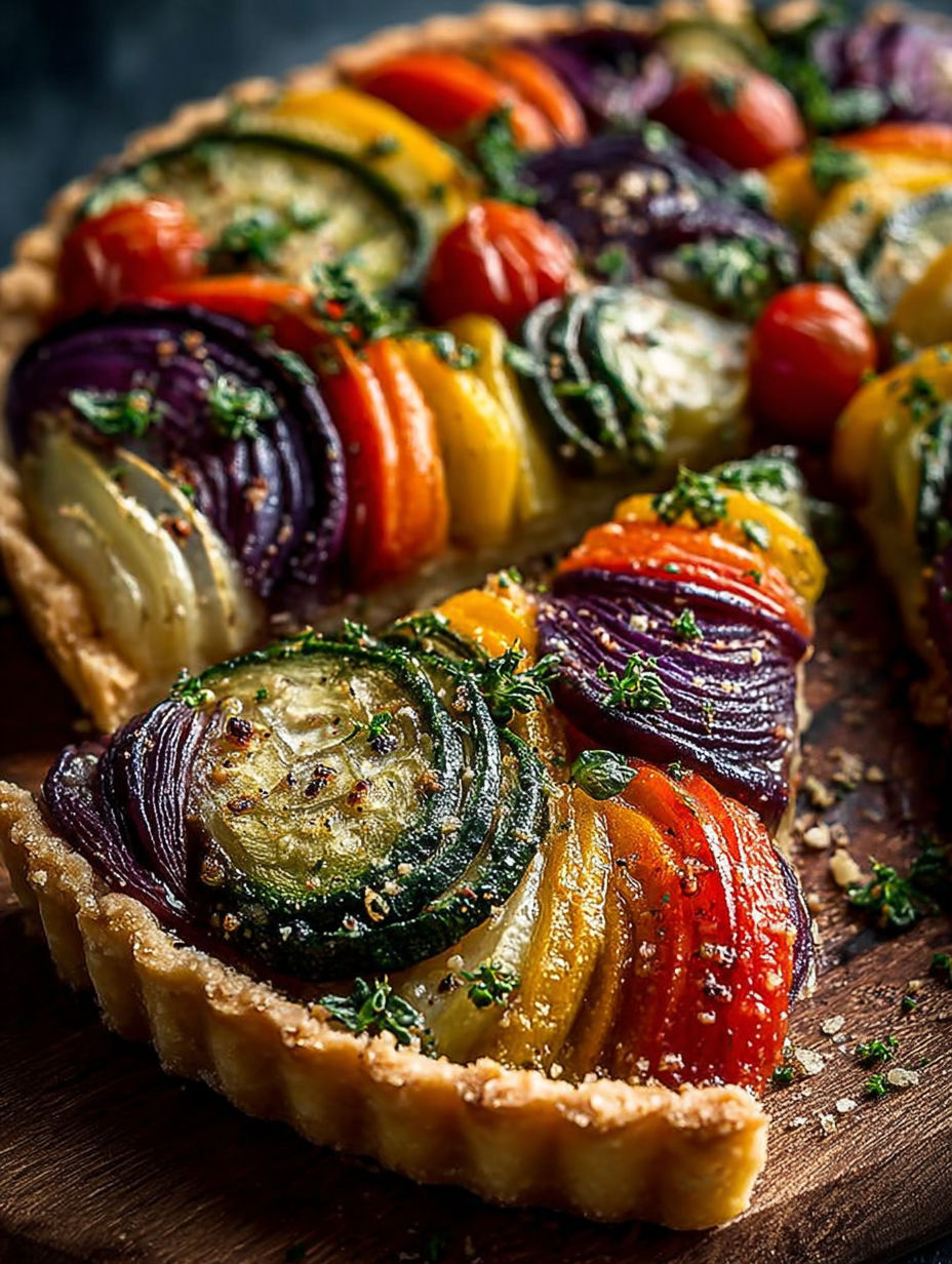 Une tarte aux légumes colorés, avec des légumes tels que des carottes, des courgettes et des tomates, est servie sur un plateau.