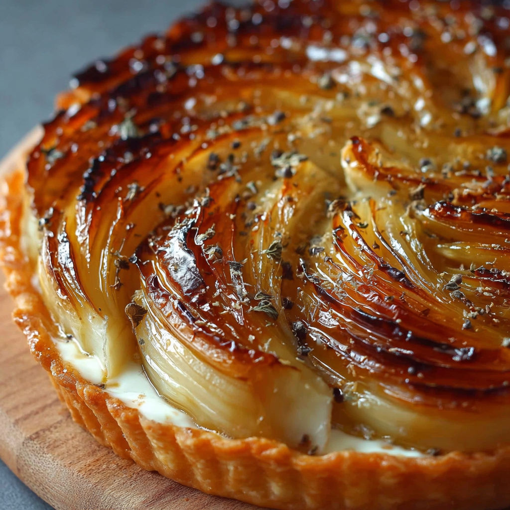 Une tarte salée aux endives et à la chèvre, servie sur un plateau de bois.