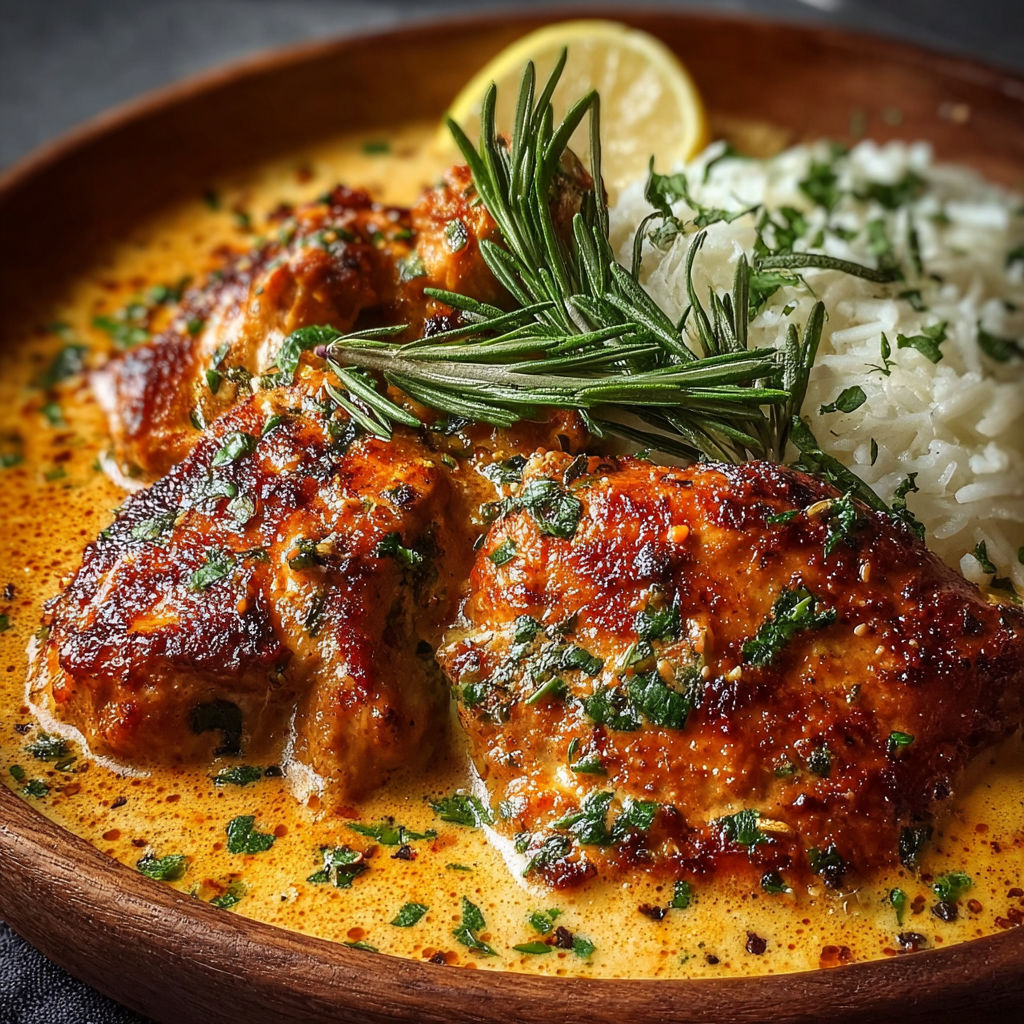 Un poulet rôti dans une sauce au beurre maison, accompagné de riz et d'une cuillère de citron.