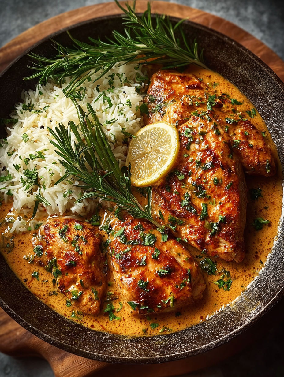 Chicken en sauce au citron et herbes, avec des pousses de citron et des herbes fraîches.