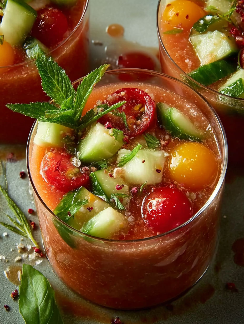 Un jus de tomate avec des herbes et des fruits, dans un verre.
