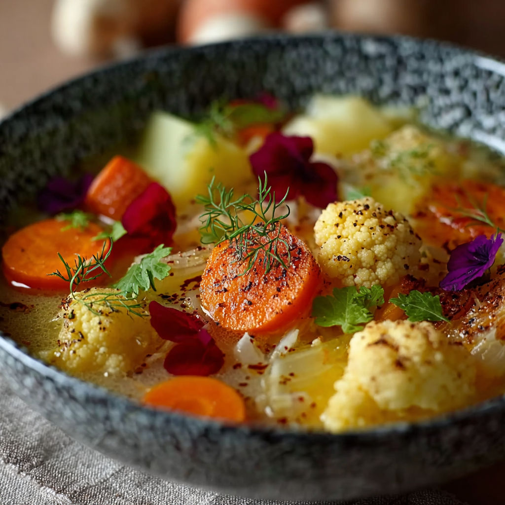 Une soupe de légumes et carottes, avec des légumes verts et des carottes, est servie dans un bol.