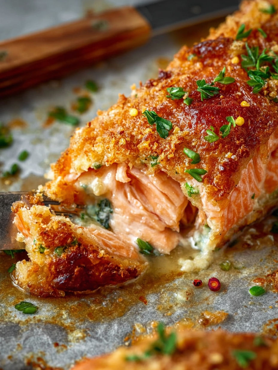 Une tranche de poisson grillé avec des herbes et des légumes sur une plaque de cuisson.