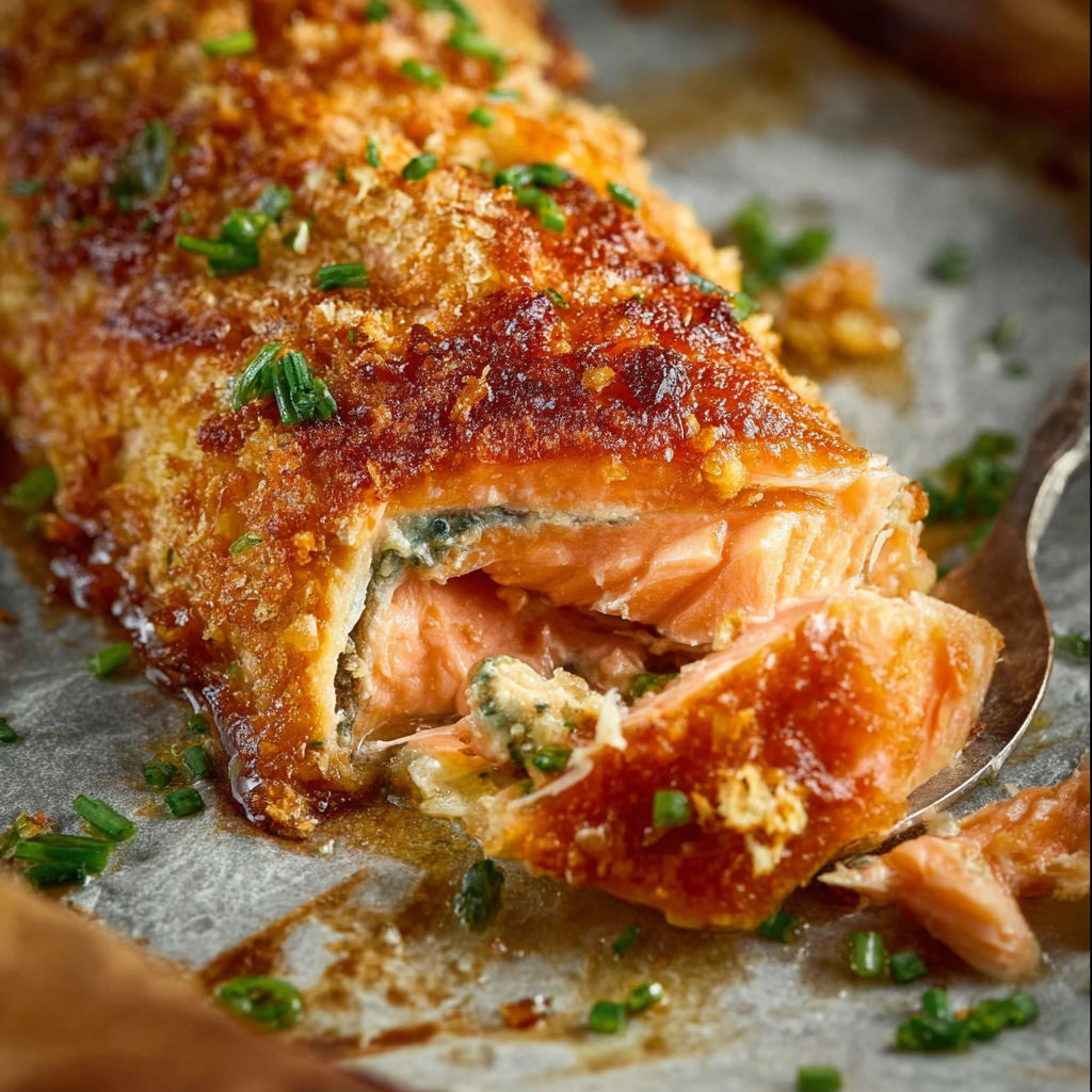 Une portion de saumon en croûte, avec une sauce au beurre et des herbes, est servie sur une assiette.