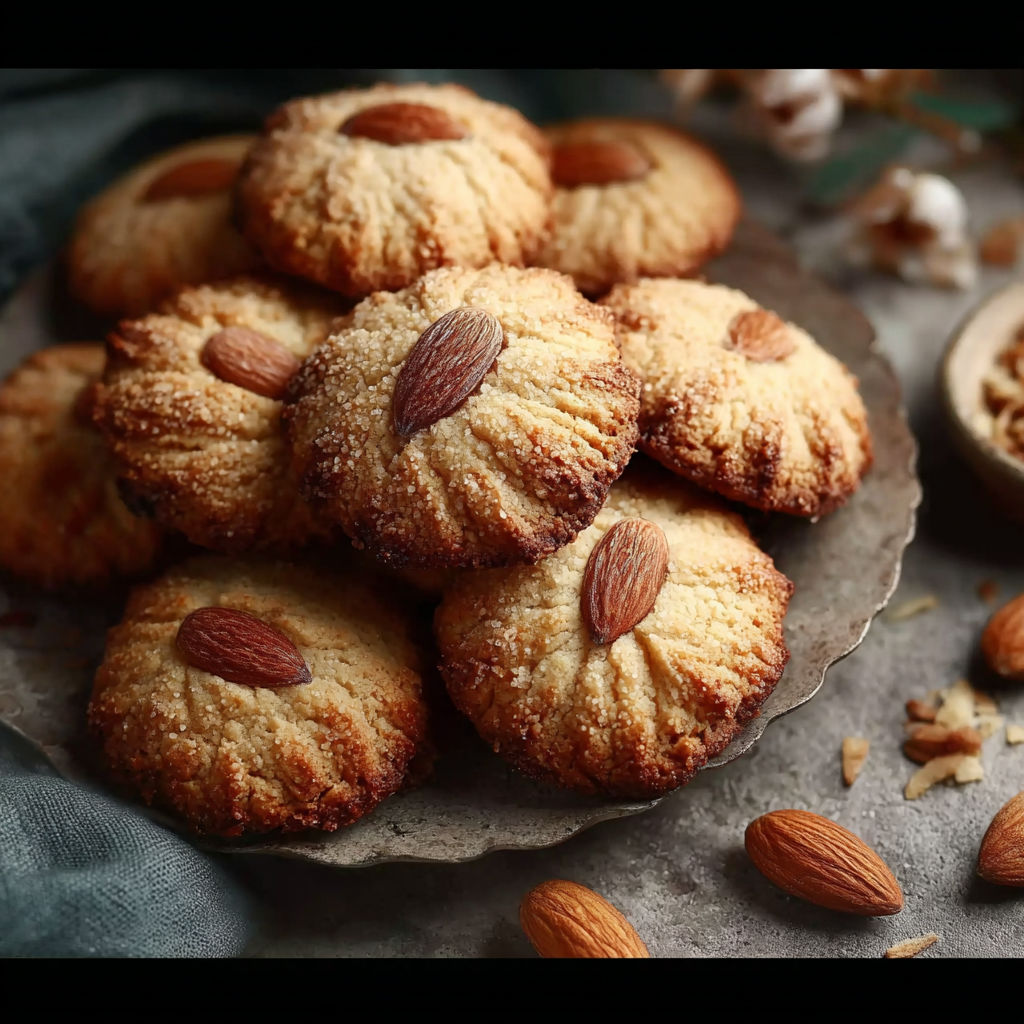 Une pile de biscuits au noisette avec des noisettes sur le dessus.