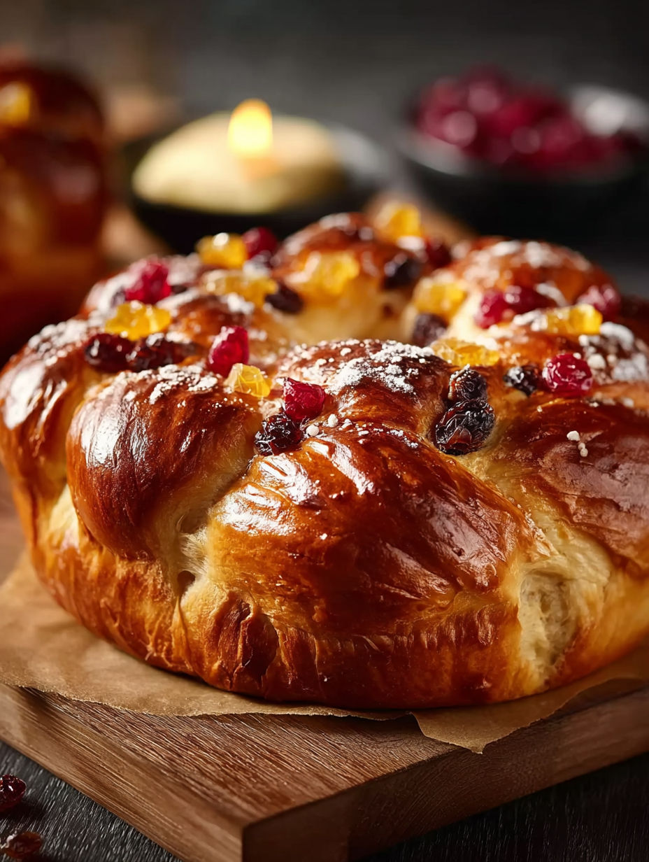 Une pâtisserie de pain d'épices, garnie de raisins, de cerises et de pâte sucrée, est servie sur une table en bois.