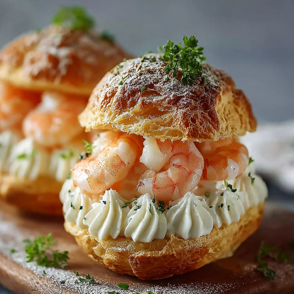 Crepes aux crevettes" - Une image de crêpes aux crevettes, avec des herbes et des légumes, sur un plateau de bois.