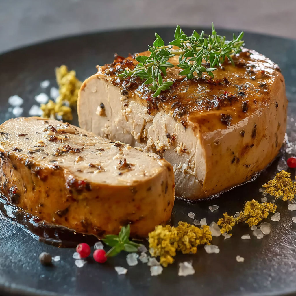 Une viande grillée avec des herbes et des épices sur un plateau noir.