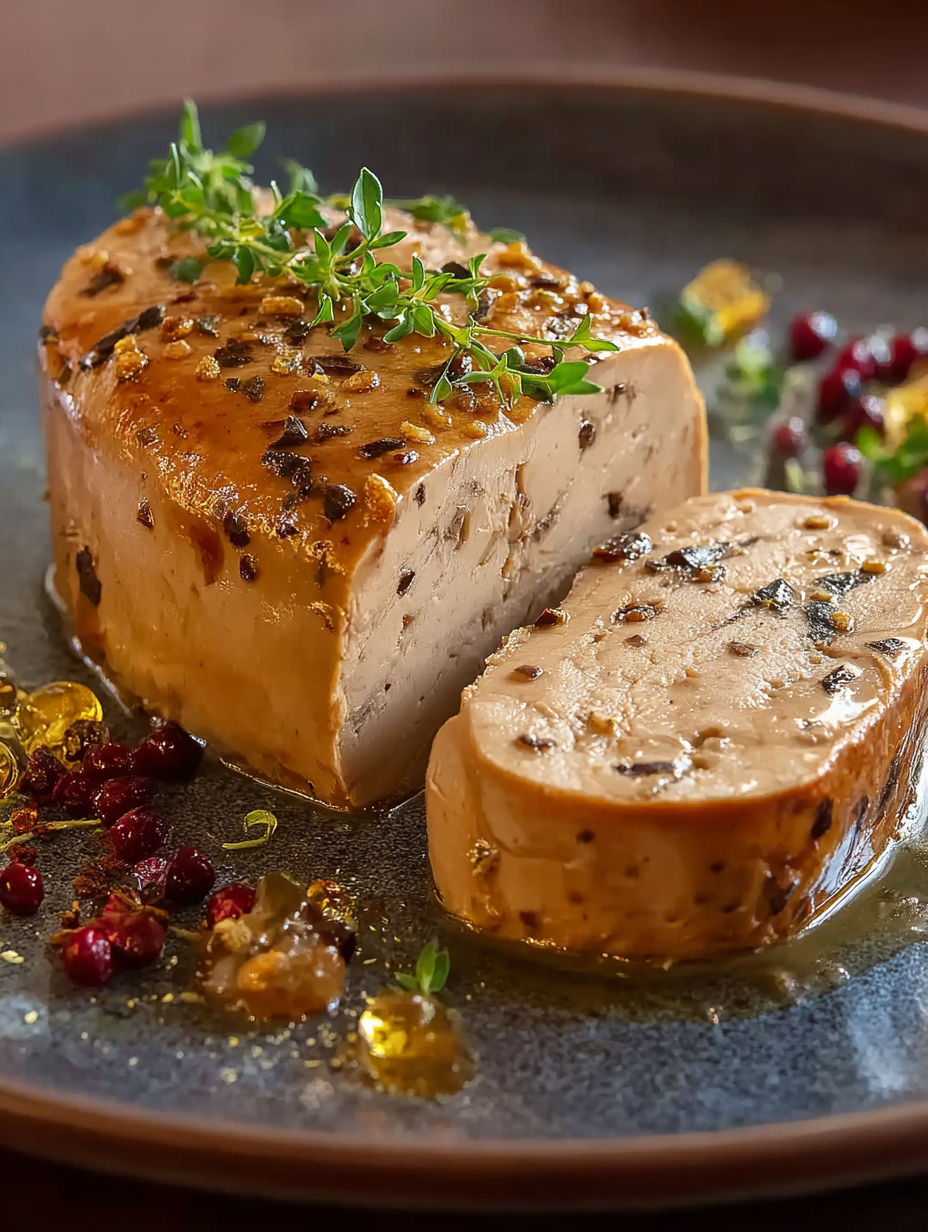 Une viande grillée avec des herbes et des graines sur un plateau.