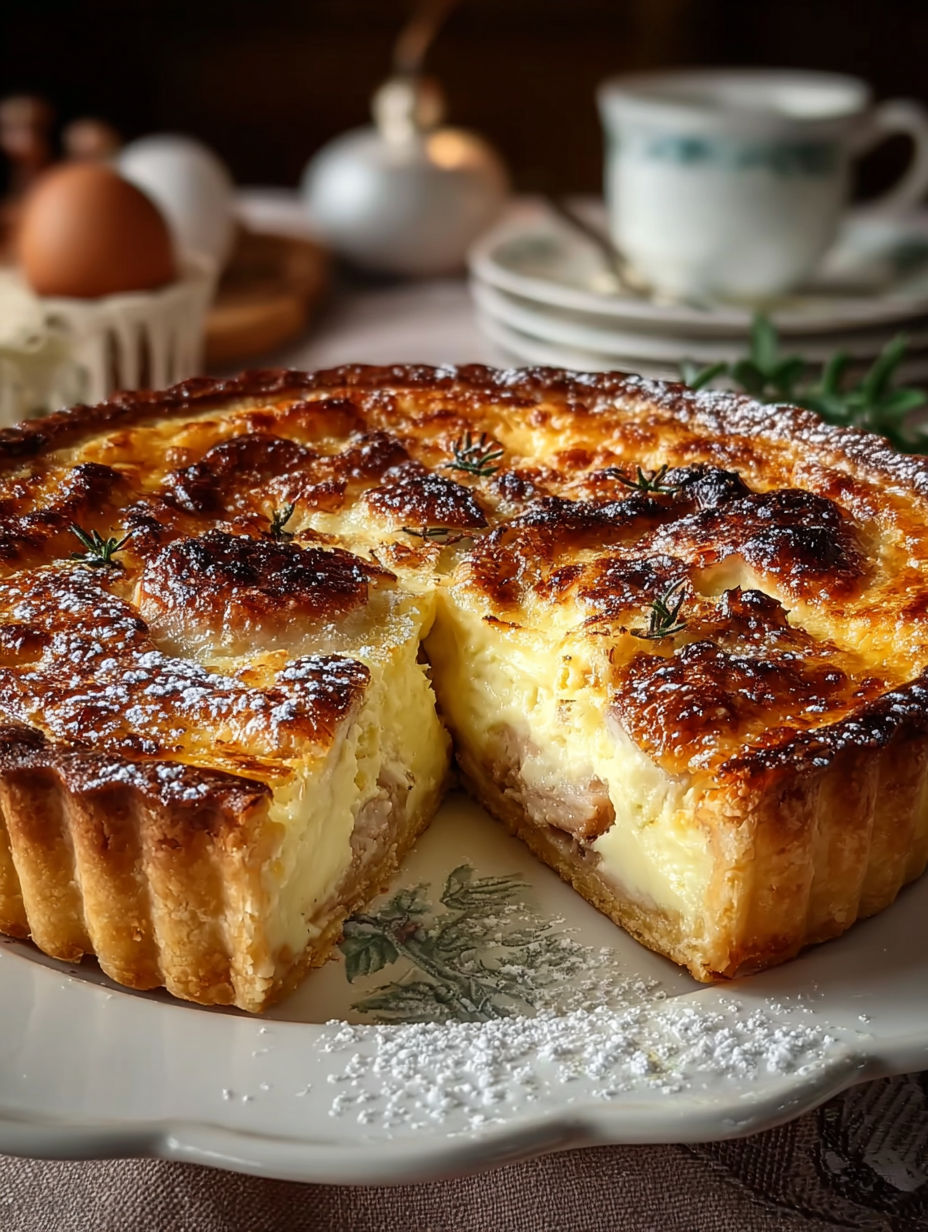 Une tarte savoureuse au poulet et dinde, servie sur un plateau.