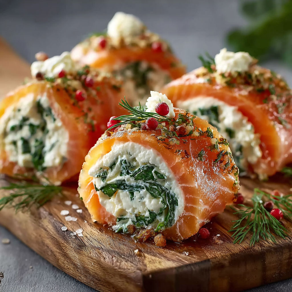 Un délicieux roll de saumon avec des légumes verts et des herbes.