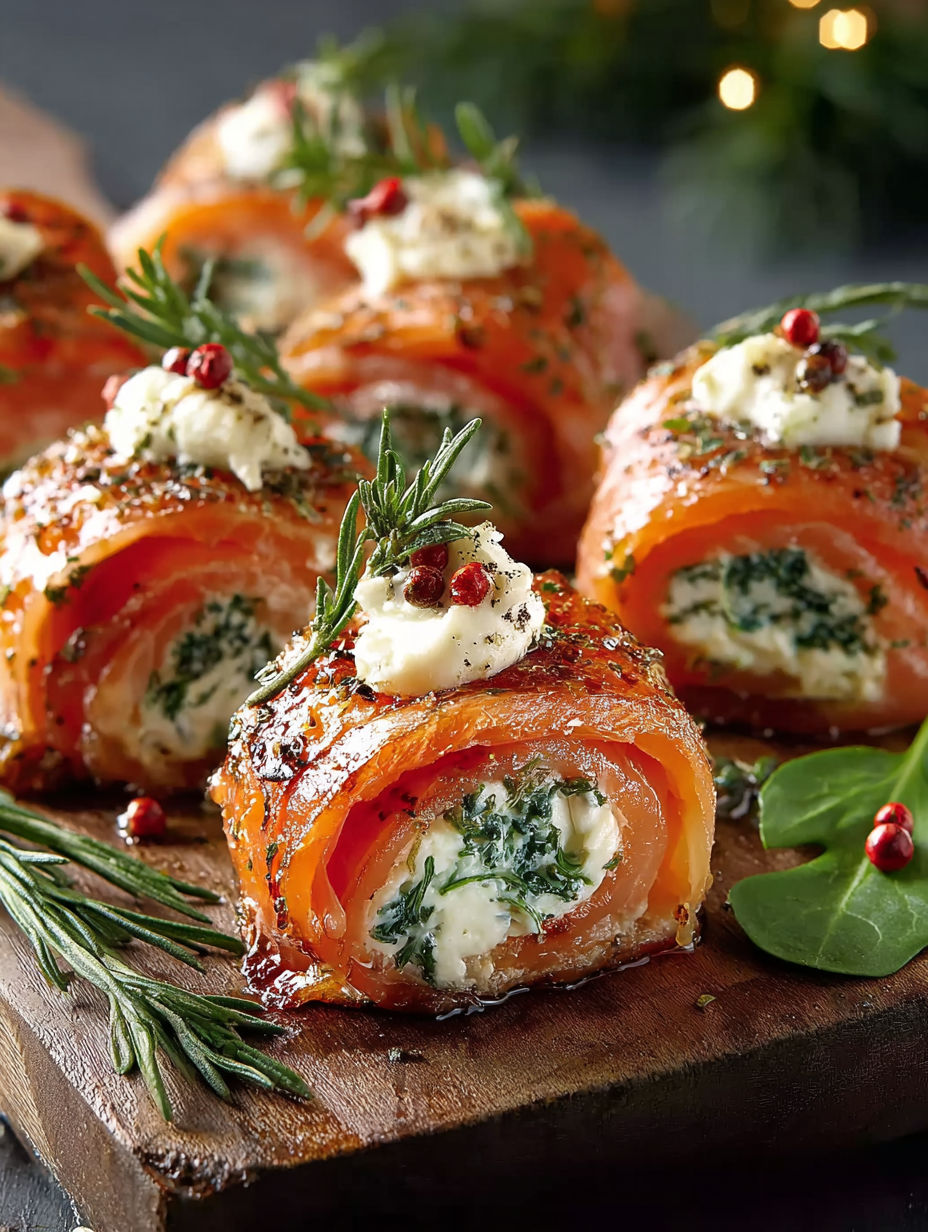 Deserts de saumon enroulés avec des herbes et des épices, servis sur une table.