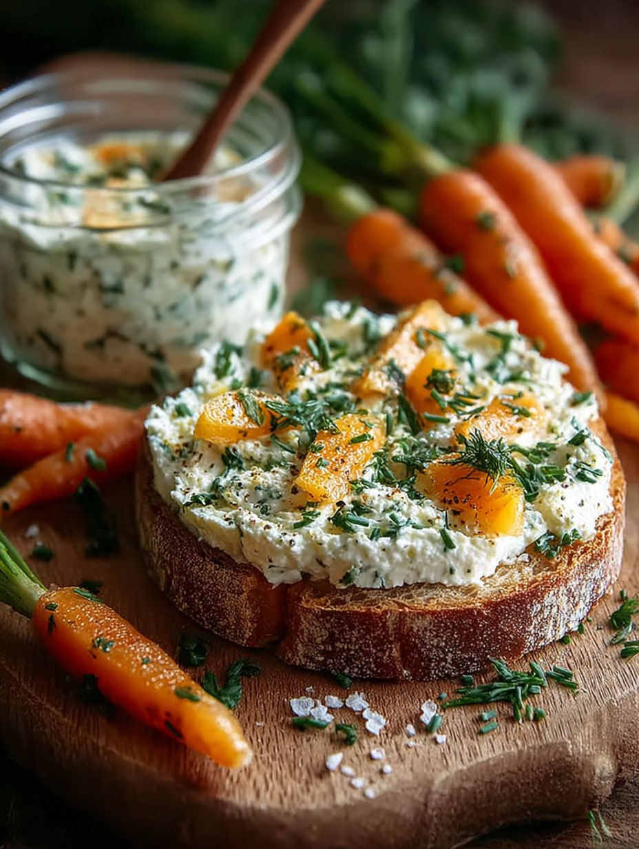 Une tartine de pain grillé avec des carottes et des légumes verts, accompagnée d'une sauce au yaourt et de crudités.