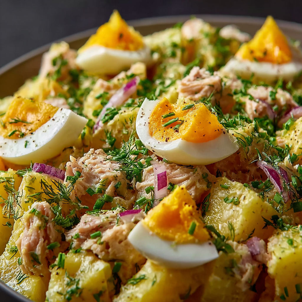 Une salade de pommes de terre au thon et aux œufs, avec des herbes et des légumes, est servie dans un bol.