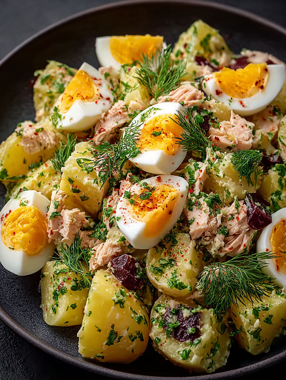 Une salade de poulet et oeufs d'oie, avec des herbes et des légumes, est servie sur un plateau.