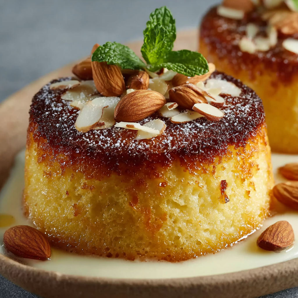 Une tarte aux amandes et à la menthe, garnie de noix et de miel, est servie sur un plateau en terre.