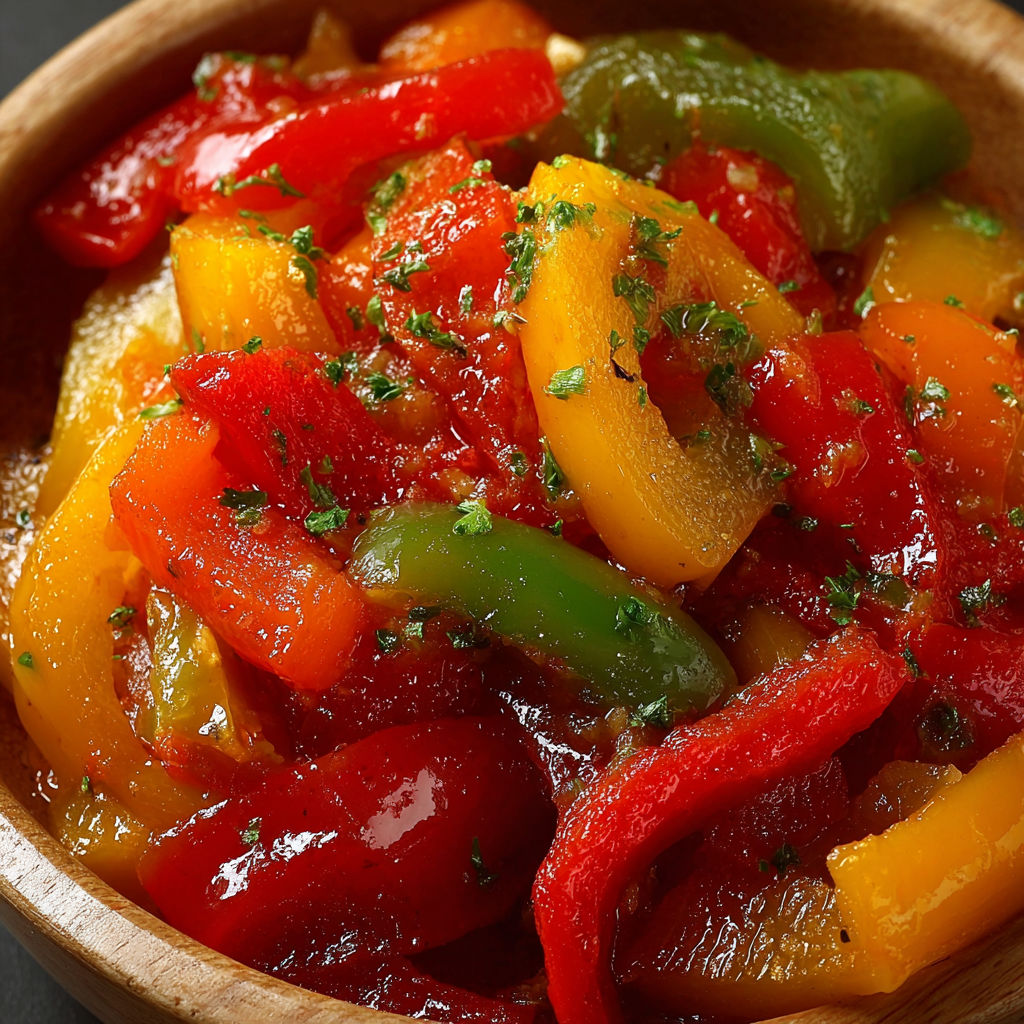 Une compotée de poivrons colorées et épicées, servies dans un bol en bois.