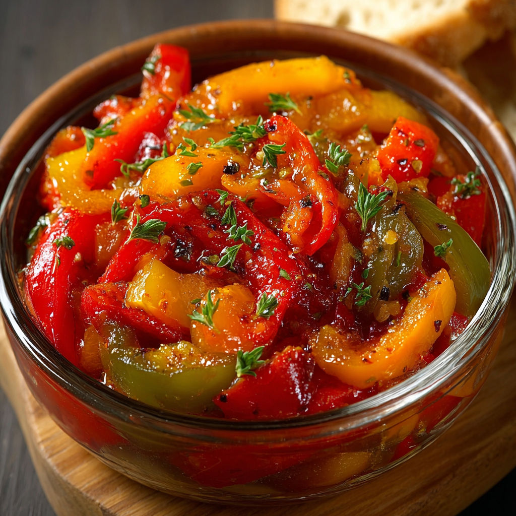 Une recette de salade de tomates et de poivrons, servie dans un bol sur une table.