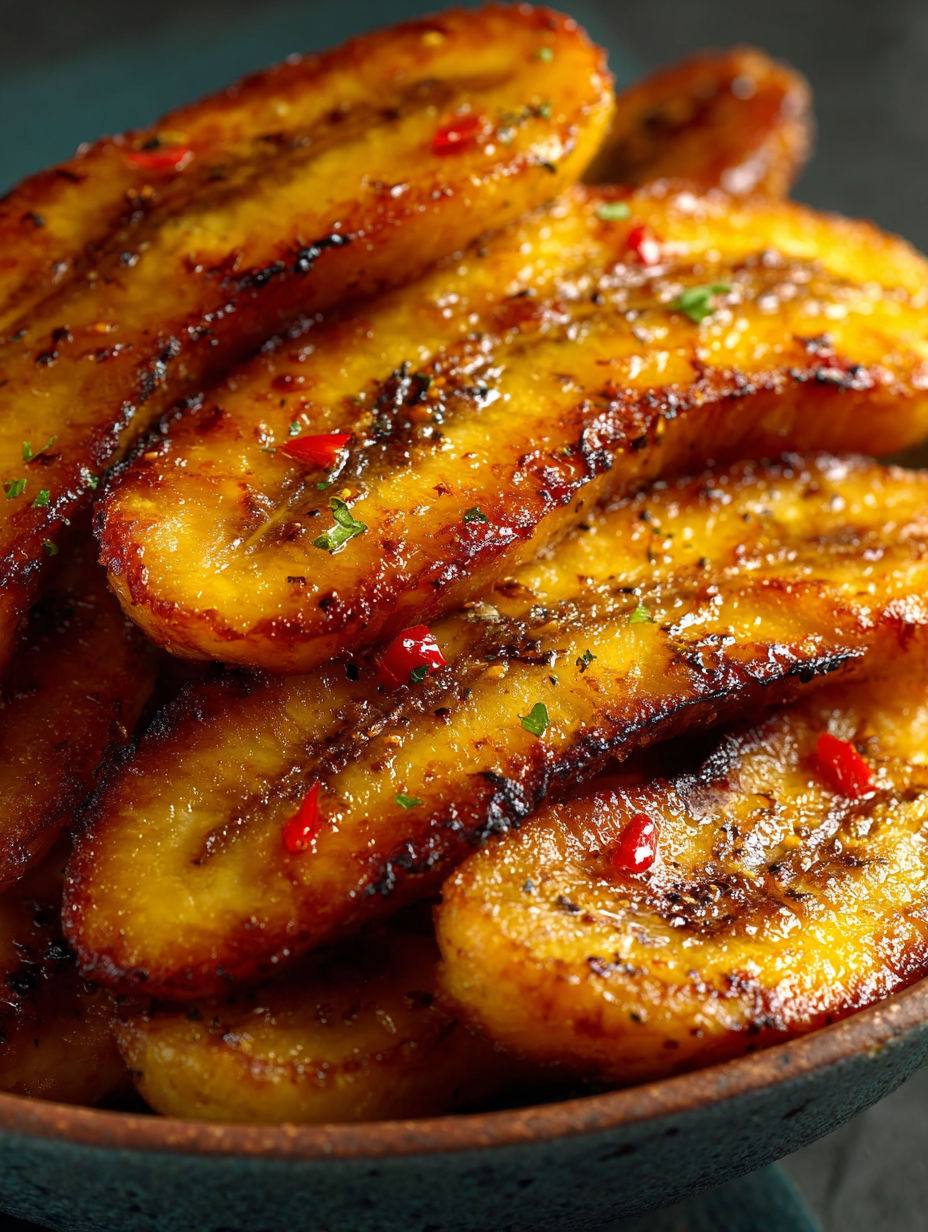 Une pile de plantains grillés avec des épices, prêts à être mangés.