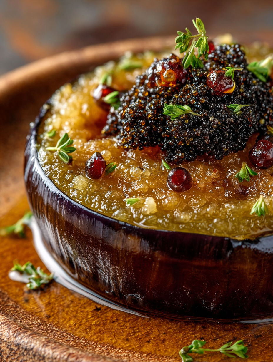 Une purée de légumes est servie sur un plat en terre cuite.