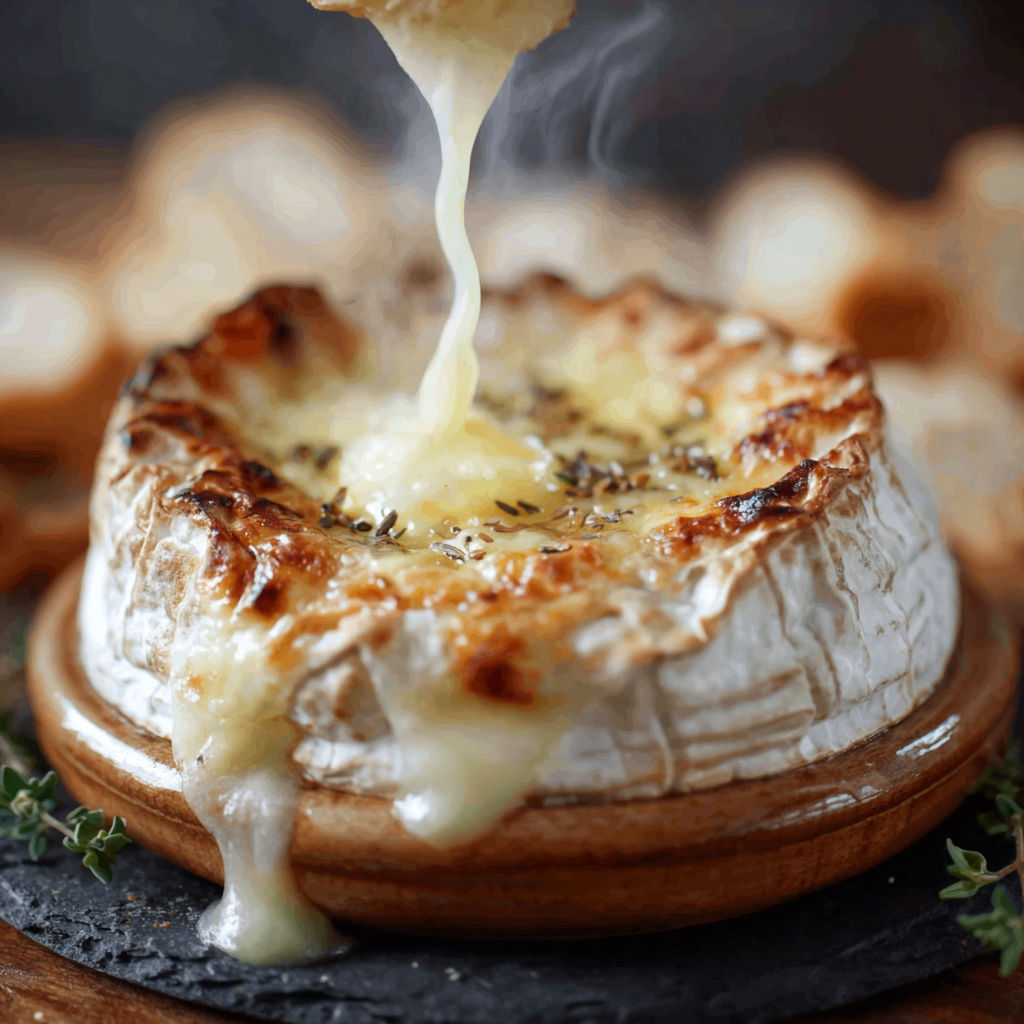 Une tasse de fondue de camembert chaude et délicieuse, avec une sauce chaude qui coule sur le dessus.