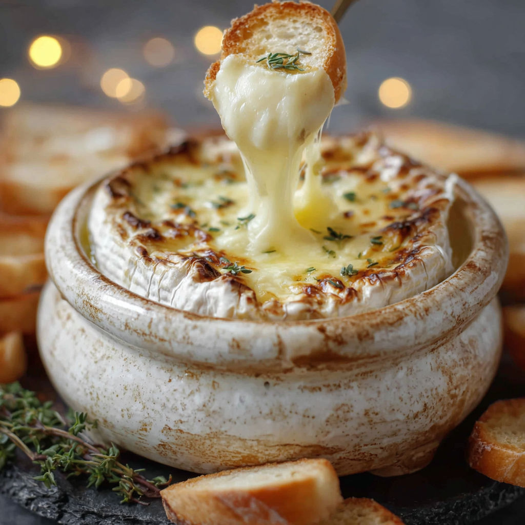 Une tarte au fromage chaude avec des tranches de pain grillé.