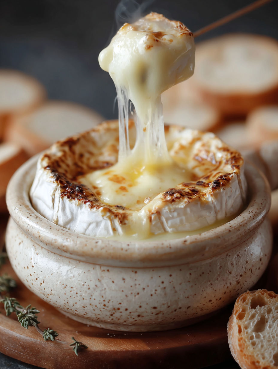 Une tarte au fromage chaude avec une sauce au beurre et des tranches de pain grillé.