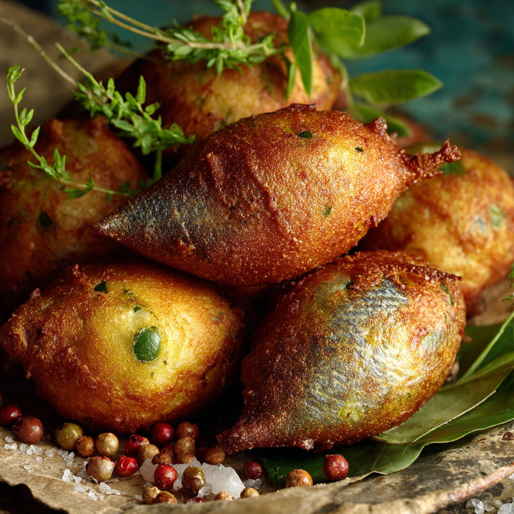 Une assortiment de gâteaux de poisson et de légumes sur un plateau.